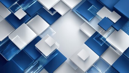 Poster - A modern, abstract background featuring layered blue, white, and silver geometric squares and rectangles in 3D style.