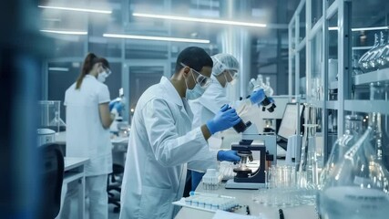 Aufkleber - A bright, sterile laboratory setting with scientists in lab coats, masks, and gloves working with microscopes and various laboratory equipment. Research and experimentations are taking place.