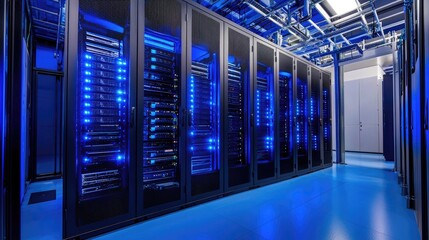 Fototapete - Modern server racks with glowing blue elements in a tech facility, suitable for illustrating data centers, network infrastructure, and cloud solutions