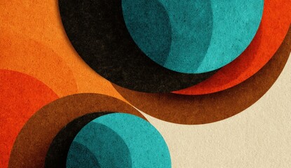 Poster - Abstract geometric shapes in orange, blue, brown, and black overlap on a textured background, creating a modern retro art style.