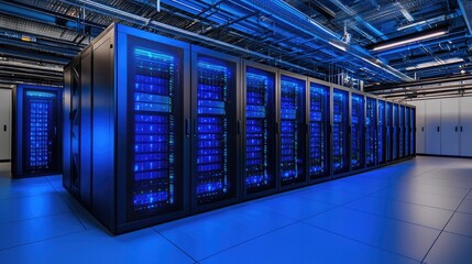 Poster - Centralized server cluster with extensive LED arrays and overhead cabling, ideal for infrastructure planning, IT security, and tech architecture visuals