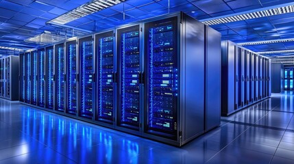Fototapete - Smart server environment with vibrant glowing racks in a blue cyber setting, great for illustrating tech services, AI systems, and digital infrastructure