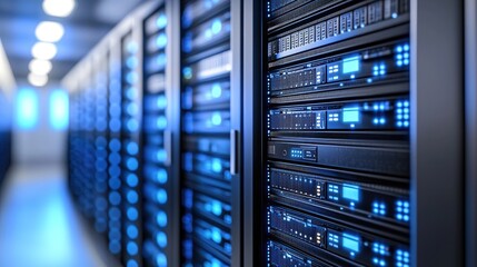 Fototapete - Macro shot of active server equipment with LED indicators and glowing panels, perfect for cybersecurity, data hosting, and IT operations visuals