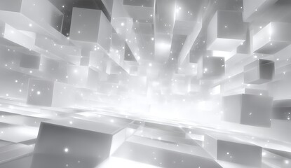 Poster - Abstract 3D cubes in a bright, futuristic space with floating particles and glowing light effects.