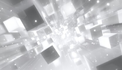 Fototapete - A dynamic, abstract scene of glowing white cubes in a futuristic, digital space with radiant light effects.
