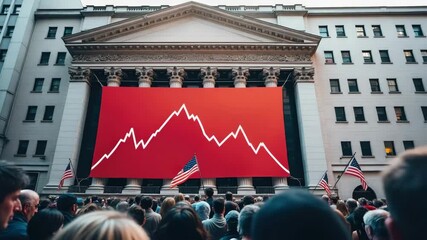 Poster - A crowd gathers outside a grand building featuring a large screen displaying a fluctuating stock market graph against a red background.