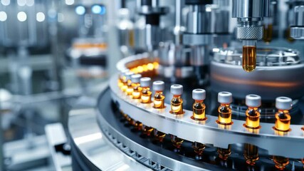 Poster - automated machinery fills small vials with liquid on a conveyor belt within a sterile manufacturing 
