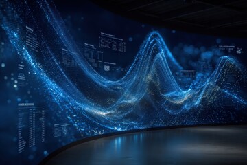 Fototapete - A dynamic digital wall displays glowing blue data waves and numerical analytics in a futuristic, immersive setting.