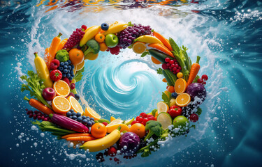 Poster - Vibrant fruits and vegetables arranged in a circle, submerged underwater, creating a dynamic, swirling effect. The water is clear, showcasing the colorful produce.
