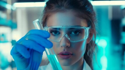 Aufkleber - A woman in a laboratory setting, focusing on a test tube containing a blue liquid. Wearing safety glasses and gloves, she's engaged in scientific research, illuminated by bright, clean lighting.