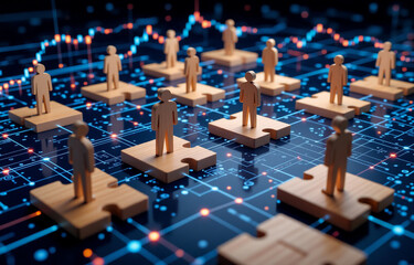 Aufkleber - Wooden figures stand on puzzle pieces atop a glowing circuit board, representing interconnectedness and teamwork in a digital landscape.  A stock market graph is faintly visible in the background, hin