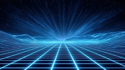 Poster - A glowing digital grid landscape with a starry sky and blue light rays, evoking a futuristic or virtual reality environment.