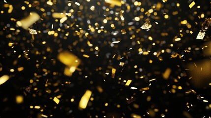 Poster - Gold confetti falling on a black background with glittering festive particles