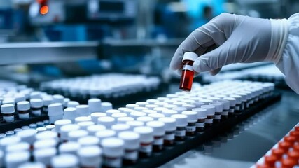 Poster - A gloved hand inspects vials on a pharmaceutical production line, highlighting stringent quality control in a laboratory. The setting emphasizes precision, safety, and adherence to standards.