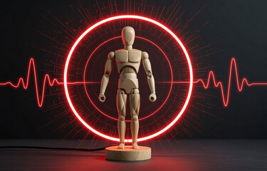 Leinwandbilder - A wooden mannequin stands within a glowing red circular energy field,  surrounded by pulsating red heart rate lines.  The scene suggests vitality, health monitoring, or technological advancements in t