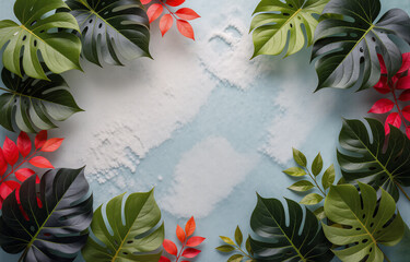 Poster - Lush tropical leaves and vibrant red foliage create a vibrant frame around a textured light blue background, perfect for design projects.