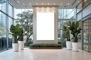 Poster - Modern lobby with large blank poster, potted plants, glass walls, and natural light.