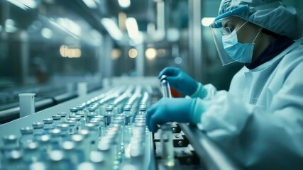 Poster - a lab technician in full protective gear examines vials on a conveyor. the person wears a mask, face
