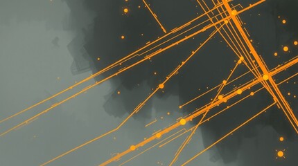 Poster - Abstract artwork featuring intersecting orange lines and glowing dots on a grey, smoky background