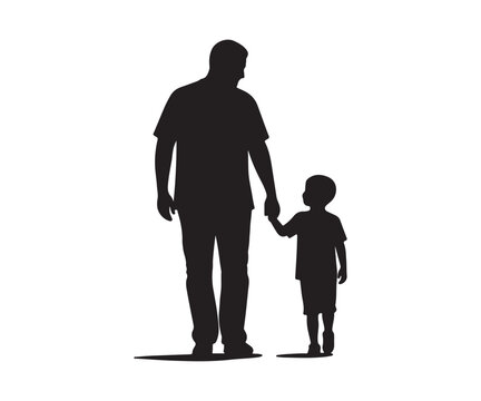 Silhouette graphic of a father and son holding hands while walking, isolated on a white backdrop.