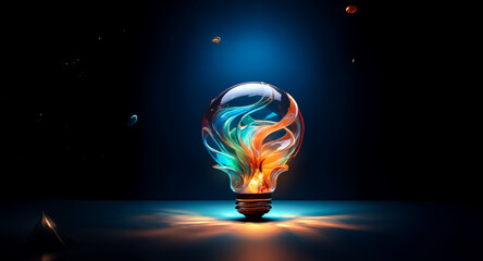 Wall Mural - a glowing lightbulb filled with vibrant, swirling teal and orange flames, set against a dark backgro