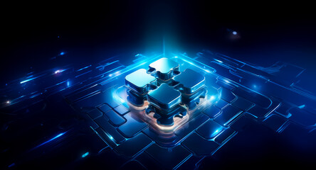 Poster - a glowing, metallic cube rests on a dark, circuit-board like surface, illuminated by a bright blue l