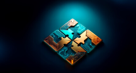 Poster - four metallic puzzle pieces, interconnected and glowing, form a diamond shape against a dark teal ba