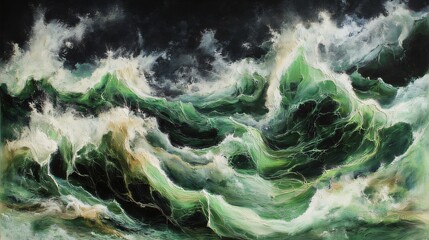 Poster - Dynamic Textured Abstract Wave Design in Green Black and Gray Made with Generative AI Technology
