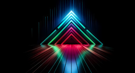 Fototapete - Glowing neon triangles ascend in a dark room, their vibrant hues reflecting on a glossy floor.  The light creates dynamic streaks across the surface.