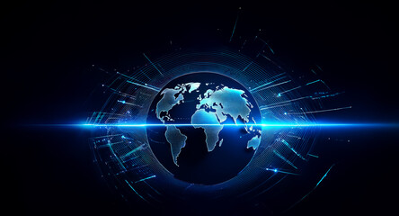 Poster - a dark blue digital globe surrounded by glowing, abstract lines and a bright horizontal beam of ligh