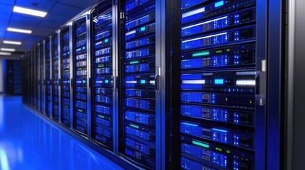 Fototapete - 3D rendering of a server room with glowing blue racks in a high-security data center, ideal for IT infrastructure visuals, cloud hosting ads, or cybersecurity presentations