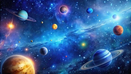 Wall Mural - Cosmic Night Sky with Vibrant Stars and Planets Against a Deep Blue Background, starry night