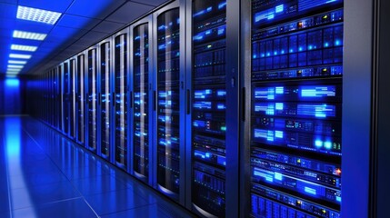 Fototapete - 3D rendering of a futuristic server room with rows of illuminated racks and blue glowing lights, ideal for tech ads, data center graphics, or cloud computing concepts