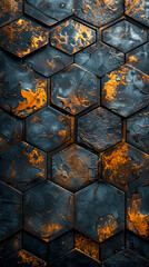 Poster - industrial hexagon metallic texture pattern with rusty accents, close-up macro photography for moder