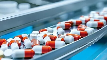 Poster - Pills of varying shapes and colors are being processed on a conveyor belt, which is part of pharmaceutical manufacturing process. The scene depicts a clean and automated drug production line.