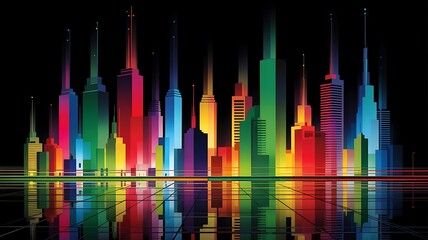 Poster - Vibrant Chromatic Cityscape Silhouette Reflecting on a Networked Grid