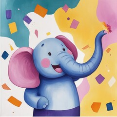 Poster - A charming elephant blissfully painting a vibrant mural with its trunk  surrounded by bright  geometric designs in a playful  pop art style