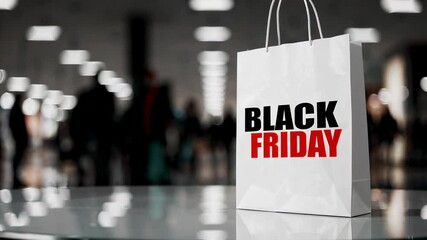 Poster - Black friday shopping bag resting on reflective surface with blurred shoppers moving through busy retail environment, symbolizing seasonal commercial event and consumer activity