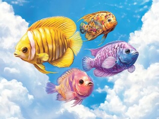 Poster - Mesmerizing surreal image showcasing a trio of vibrant  patterned fish swimming freely in a captivating  colorful atmospheric setting surrounded by clouds against a bright  blue sky background