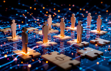 Poster - wooden figures stand on glowing puzzle pieces, interconnected by a network of light trails, symboliz