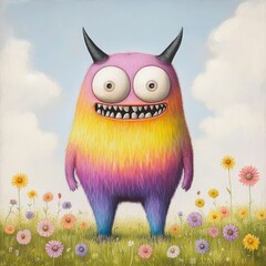Poster - Whimsical and Vibrant Pop Art Depicting a Rainbow Hued Monster with Oversized Eyes Standing in a Field of Giant Colorful Flowers Surrounded by Bold Purple and Yellow Color Blocks