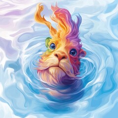 Poster - Captivating digital depicting a vibrant fantastical chimeric beast combining the features of a lion bird and fish floating serenely in a surreal abstract landscape of colorful water patterns