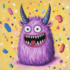 Poster - Whimsical colorful neon creature that looks like it stepped out of a child s drawing surrounded by splashes of bright vibrant colors and playful abstract shapes in a bold contemporary pop art style