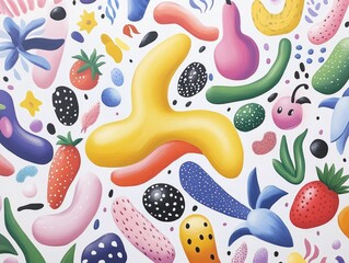 Poster - Vibrant Blob Like Monster Covered in Playful Patterns and Textures Bouncing Through a Surreal Landscape of Oversized Fruit and Fantastical Flora in a Pop Art Style