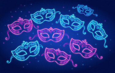 Poster - glowing neon masquerade masks in vibrant pink and blue hues float on a dark blue background, creatin