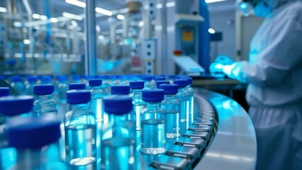 Poster - a worker in clean suit is monitoring high-speed conveyor belt, full of sealed vials, within sterile 