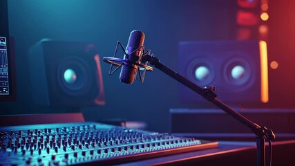 Poster - Professional singer with curly hair belting out song, expressing raw emotion while recording in professional sound studio, microphone capturing powerful vocal performance