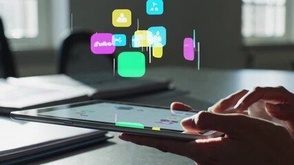 Poster - Office worker scrolling and tapping on a tablet with colorful social media icons and notifications appearing, suggesting engagement with digital communication and online community