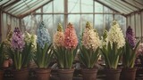 Row of colorful hyacinths in a greenhouse setting.