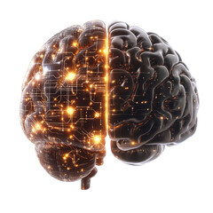 Poster - A human brain and a mechanical brain connected by glowing lines of code. isolated on white background